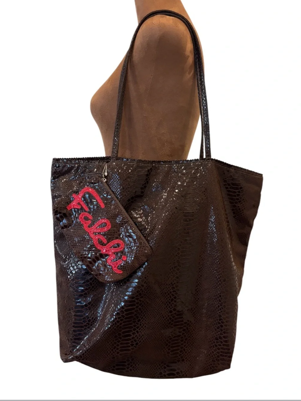 Carlos Falchi NWOT Oversized Embossed Snakeskin Tote Brown w/ Matching Zip Pouch
